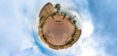 Aerial 360 panorama tiny planet of Place De Gaulle square with the Monument to Napoleon and His Brothers. Ajaccio capital of Corsica island. Waterfront of Ajaccio city of Corsica in France.