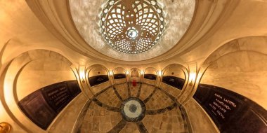 Ajaccio, Corsica, France - June 2022: Aerial 360 view of the crypt inside the Imperial Chapel of Ajaccio. Imperial burial place for the family Bonaparte of Napoleon emperor.
