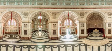 Ajaccio, Corsica, France - June 2022: Panorama 360 degrees of the interior of the Imperial Chapel or Palatine Chapel of Ajaccio capital city of Corsica island. Built in 1857 by Emperor Napoleon III.