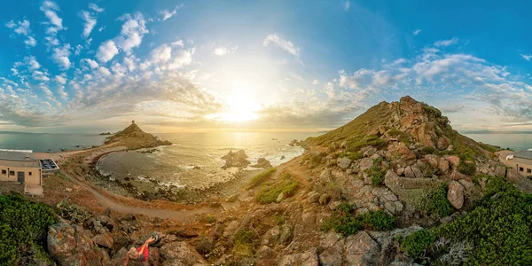 360 Degrees Panorama View Tourist Woman Sitting Top Punta Parata — Φωτογραφία Αρχείου