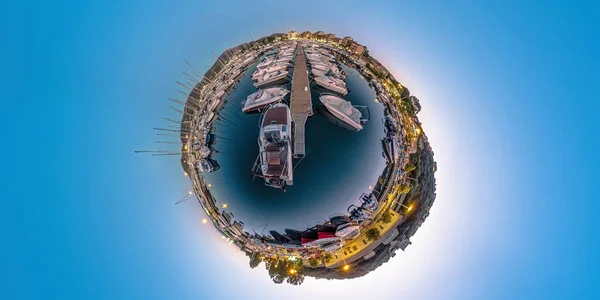 Aerial 360 Tiny Planet Porto Vecchio City Harbor Night Corsica — Foto de Stock