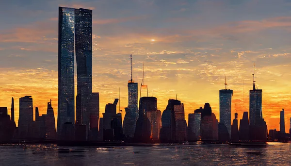 The twin towers of New York skyline on a sunset sky in United States of America. Archival and historical cityscape of lower Manhattan from New Jersey. 3D illustration, digital art watercolor painting.