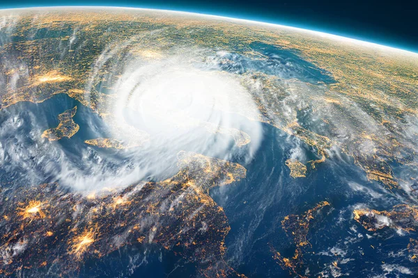 Satellite image of the first hurricane also called tornado or typhoon in Europe seen from above space. Satellite view. Natural disasters in towns caused by climate change. 3D illustration.