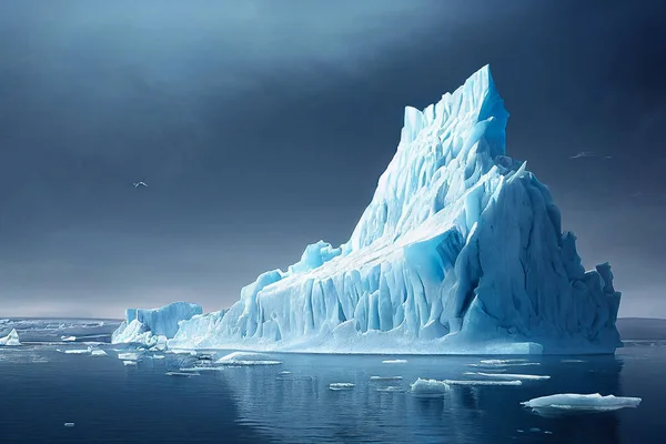 The arctic ocean at dawn, iceberg melting concept. Global warming and climate change. 3D illustration and digital painting.