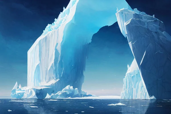 The arctic ocean is experiencing iceberg melting, a visual representation of the concept of global warming and climate change. 3D illustration and digital painting.