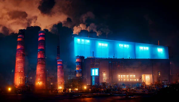 A brightly lit chemicals factory at night, with colourful neon lights. Pipelines and smokestacks with rising smoke, symbolizing pollution and rising gas prices. 3D digital painting.