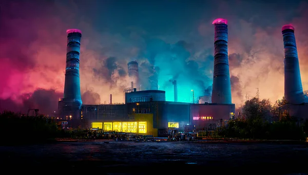 A colorful lit chemicals factory at night, with colourful neon lights. Pipelines and smokestacks with rising smoke, symbolizing pollution and rising gas prices. 3D illustration and digital painting.