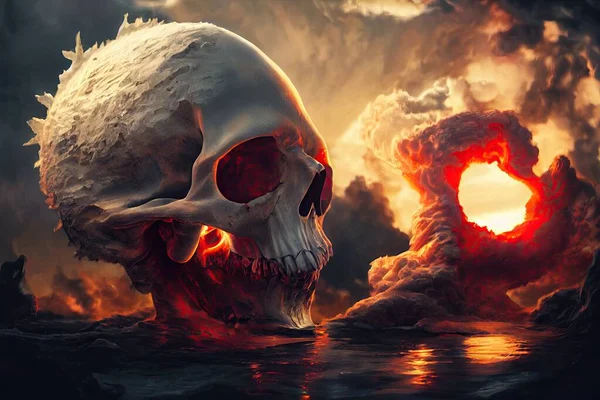 An apocalyptic ruin, still lit by an explosion, contains a skull of fire in the middle of an explosion. Halloween style in the dim light. A visual 3D illustration and digital art.