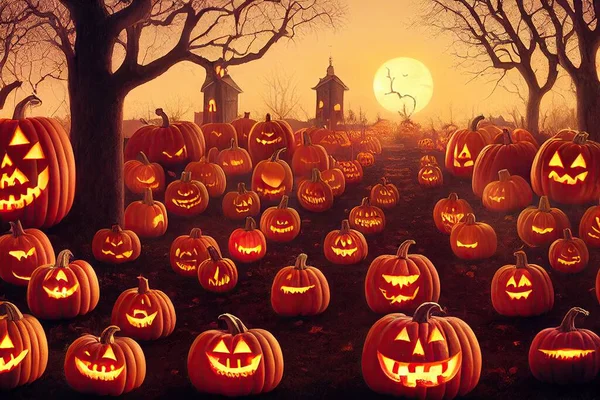 Group of carved pumpkins in a cemetery field and dark forest. Halloween pumpkins are lit by candlelight during the full moon at night. 3D illustration and fantasy digital painting.