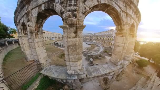 Anfiteatro Pula Atardecer También Conocido Como Coliseo Pula Anfiteatro Romano — Vídeo de stock