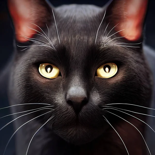 A close-up of a black cats eyes on a black background. Halloween and horror atmospheres are portrayed. Evil eyes of panthers and witches. unlucky and superstition concepts. 3D illustration.