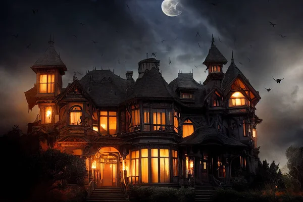 Large victorian house of terror with a full moon in the dark and candlelight. Halloween theme of horror house in the dark. 3D illustration and fantasy digital painting.