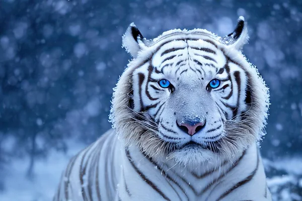 Close up of a big white tiger head. Bleached tiger of India in a snowy forest and winter background with copy space. 3D rendering.
