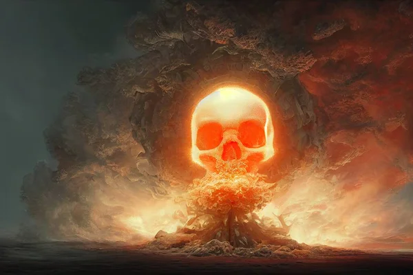An explosion in a towns skyline produces a skull-shaped fire mushroom cloud in an apocalyptic war. Nuclear explosion with a skull face war. 3D digital illustration. Halloween theme