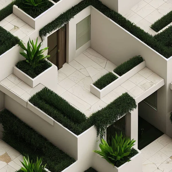 A luxurious villa with plants and ivy, doors and windows, and a dungeon map of a board game in white marble. 3D rendering isometric floor plan maze. Endless tiles for a seamless background.