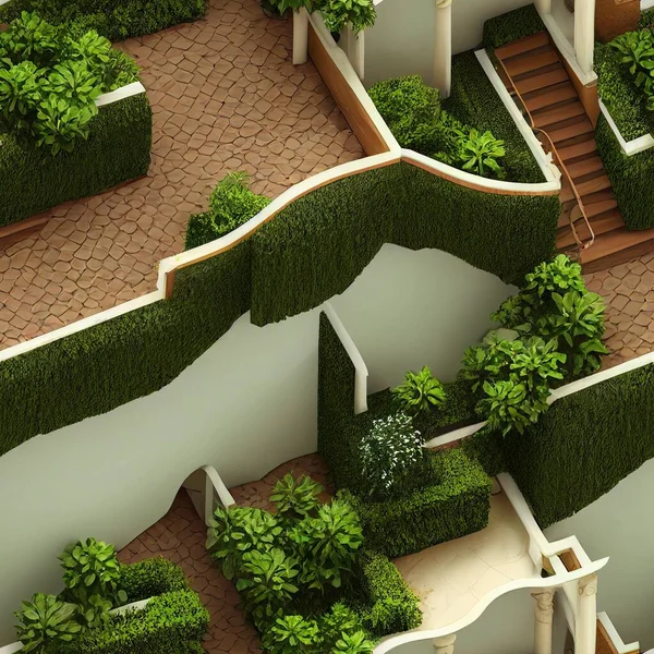An ivy and plant-covered 3D isometric floor plan of a luxury villa with doors and windows. A board-game dungeon map with white marble maze. 3D rendering endless tiles for a seamless background.