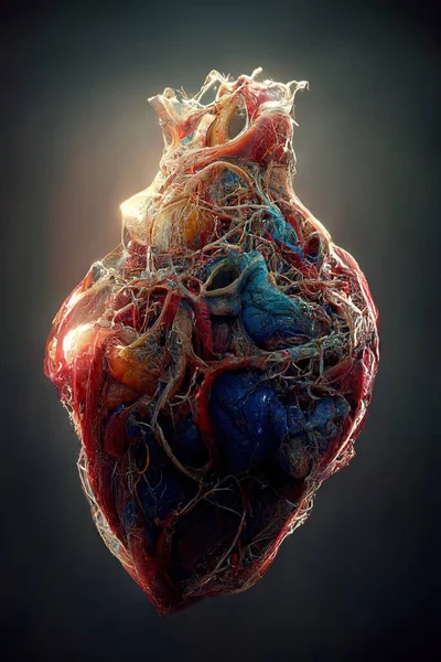 A model of the human heart shows the path of the blood systems veins and arteries isolated on black background. 3D render.