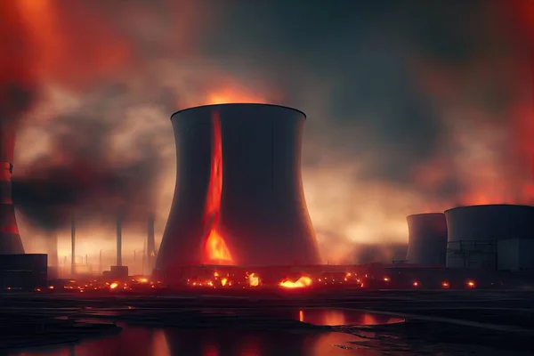 Nuclear ruins of the Chernobyl power plant in Ukraine due to the nuclear accident in 1986 in the Soviet Union, Radioactive nuclear reactors on fire. 3D render.