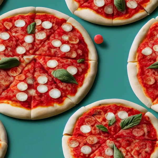 A pizza slice photographed from a close angle to provide a texture background. A template of Margherita Pizza slices is with salami, tomatoes, mozzarella cheese, and basil. 3D illustration