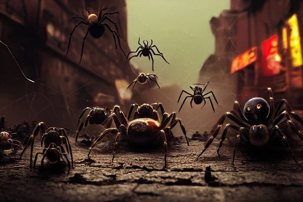 Spiders run on the streets at night. They weave huge webs in urban areas, invading houses and affecting health of people. Its an infestation and a symbol of epidemic and arachnophobia. 3D rendering.