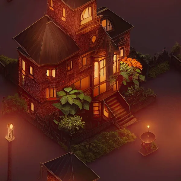 An isometric victorian house in autumn Halloween theme, with candles and orange color trees in candlelight at night. A board game dungeon maze element. Endless tile and seamless background.