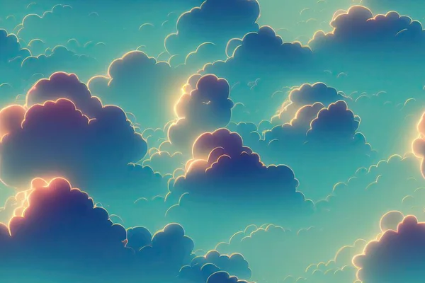 Comics style background of cartoon sky with fluffy clouds, at sunset copy space. 3D illustration