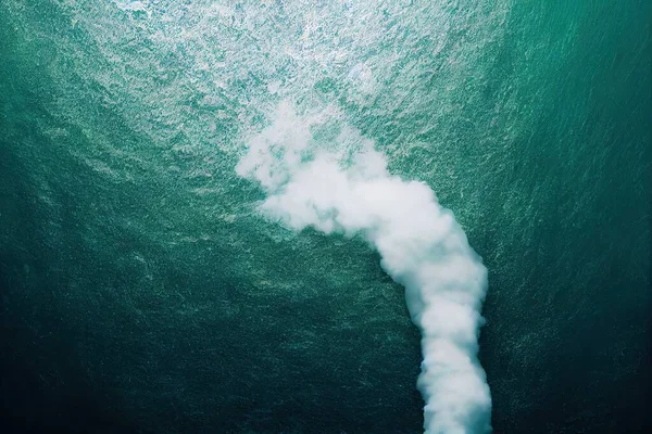 An underwater explosion and gas leak of sea surface, as well as a drone view, are envisaged in this concept of war causing climate risks and pollution of the sea. 3D digital illustration.