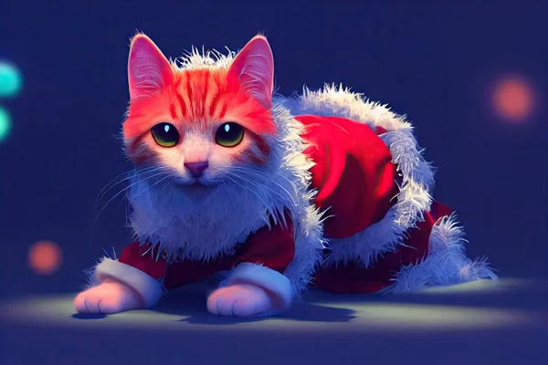 A cat in a Santa Claus suit on Christmas theme background. Christmas decoration in 3D rendering.