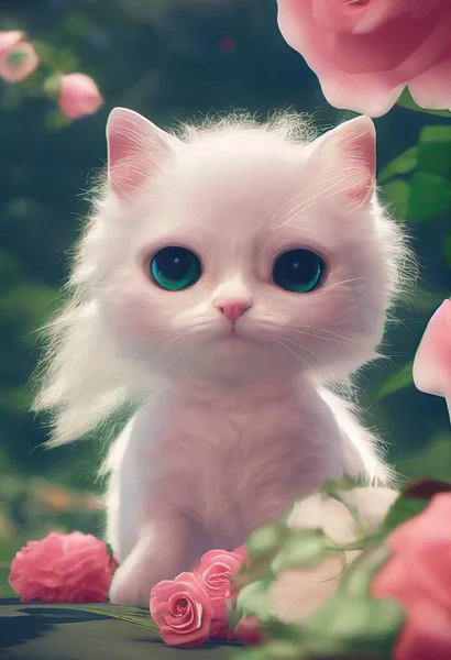 A pink kitten decorated with spring-themed pink flowers. During the spring, roses burst forth in pink. 3D rendering in vertical. birthday greeting card.