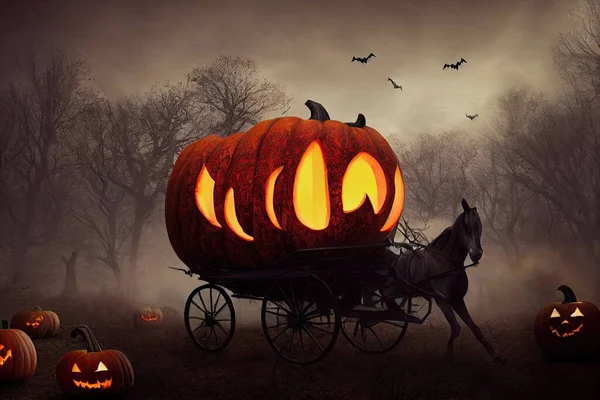 A spooky horse-drawn wagon made of a Halloween pumpkin and lit by moonlight runs through a dark forest during a candlelit Halloween night. 3D illustration and fantasy digital painting.