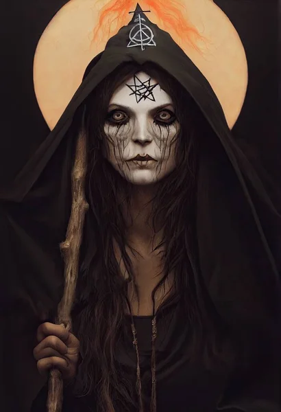 Portrait of an evil witch-woman holding a magic staff in Halloween theme. Full moonlight in a haunted forest during a candlelight Halloween night. Fantasy look with gothic tattoos. 3D illustration