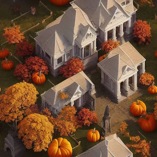 Atlas of a pub game and maze featuring victorian houses and pumpkins in candlelight for Halloween. An 3D isometric road map by candlelight autumn night. 3D rendering endless tile, seamless background.