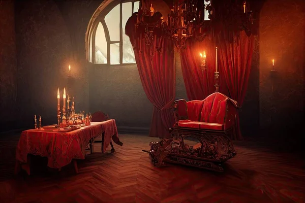 An attractive Transylvanian castle and victorian room decorated with candlesticks is the scene for games in an eerie gothic setting on Halloween. 3D illustration