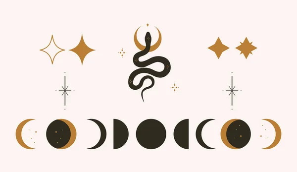 Set mistico di fasi lunari, stelle e serpenti. — Vettoriale Stock