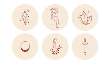 Sacred icons depicting the moon, sun and snakes in circles. Vector illustration. Set of icons and emblems for social media news covers. Design Templates for a Yoga Studio