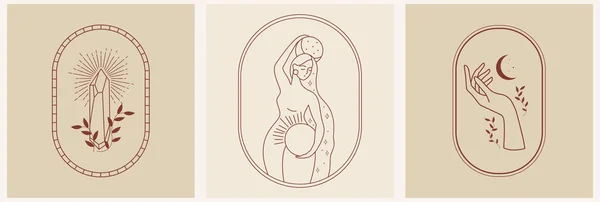 美しい密教女性のシルエットとミニマルな線形スタイルでロゴのセット 美容室 美容室 有機化粧品 宝石店やポストカードのための — ストックベクタ