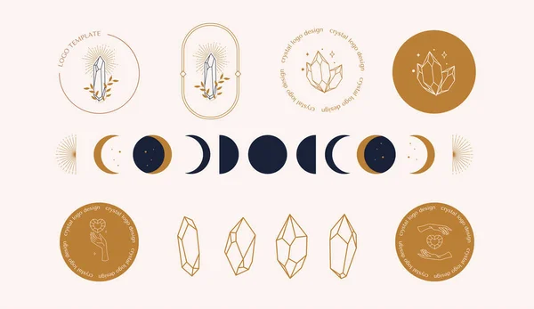 女性の手のロゴのセット最小限の線形スタイルでクリスタル 太陽の結晶と月の神秘的なロゴテンプレート 化粧品 美しさ タトゥー マニキュア ジュエリーストアのための — ストックベクタ