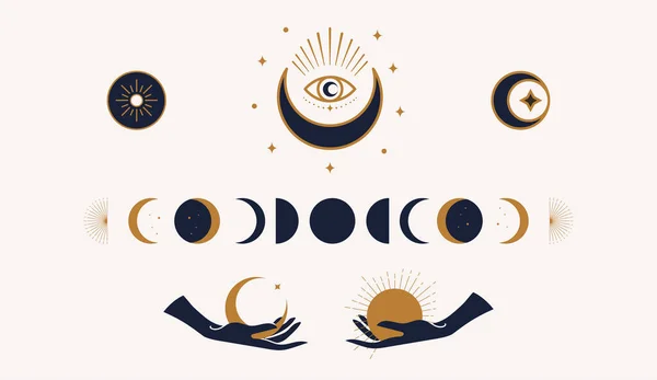 Set Mystical Moon Phase Logo Templates Female Hands Silhouette Minimal — Vetor de Stock