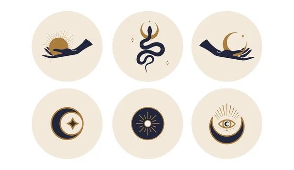 Sacred Icons Depicting Moon Sun Snakes Circles Vector Illustration Set — ストックベクタ