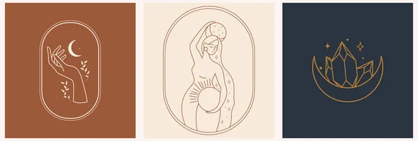 美しい密教女性のシルエットとミニマルな線形スタイルでロゴのセット 美容室 美容室 有機化粧品 宝石店やポストカードのための — ストックベクタ