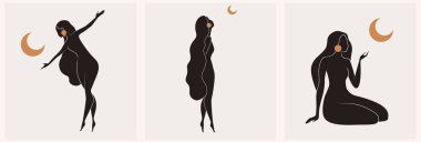 Set of gold and black feminine wall art, vector set. Artistic drawing of a silhouette in a mystical and abstract form. Abstract body art design for print, cover, wallpaper, minimal wall art. clipart