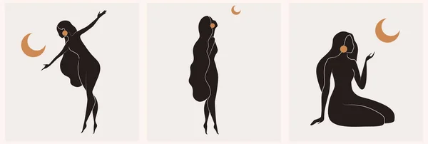 Set aus Gold und schwarzer femininer Wandkunst, Vektor-Set. Künstlerische Zeichnung einer Silhouette in mystischer und abstrakter Form. Abstraktes Body-Art-Design für Print, Cover, Tapete, Minimal Wall Art. — Stockvektor