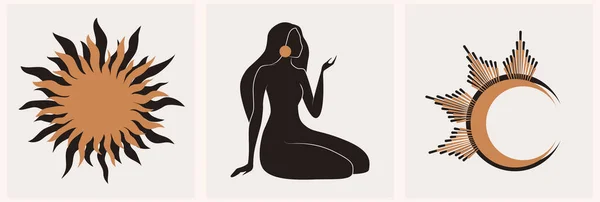 最小限の線形スタイルで神秘的な女性の手のロゴ ベクターロゴデザイン 様々な手のジェスチャー 星や結晶を持つテンプレート 化粧品 美しさ タトゥー マニキュア ジュエリーのために — ストックベクタ