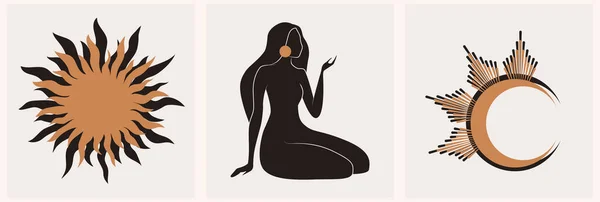 Mistik kadın el logosu en az çizgisel tarzda. Vektör logosu tasarımı. Çeşitli el hareketleriyle şablonlar, ay, yıldızlar ve kristaller. Kozmetik, güzellik, dövme, kaplıca, manikür, mücevher