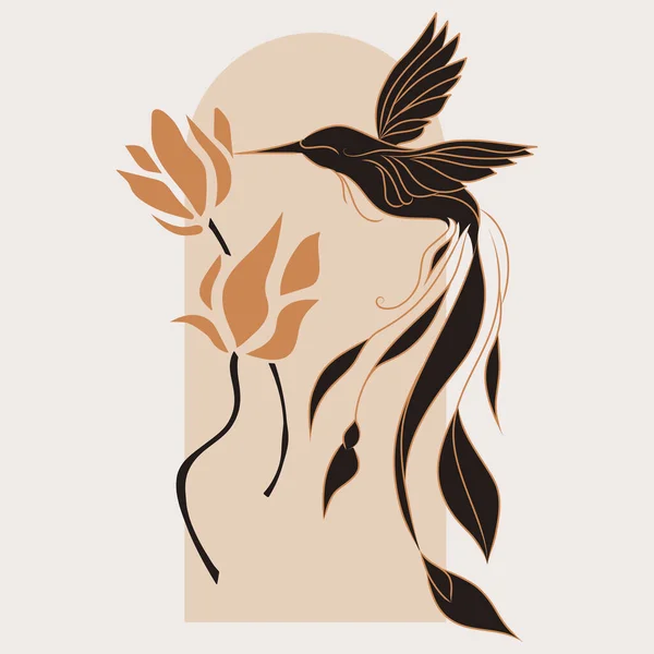 Çiçekli Sihirli Kuş Silueti Vektör Seti Matisse Stilinde Mistik Soyut — Stok Vektör