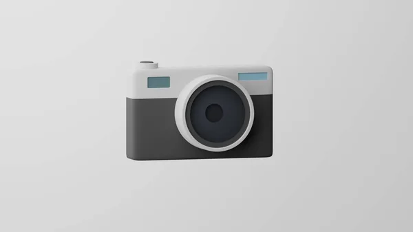 Lensli minimalizm kamerası, kamera emojisi, fotoğraf sembolü. Beyaz arka planda. 3d hazırlayıcı