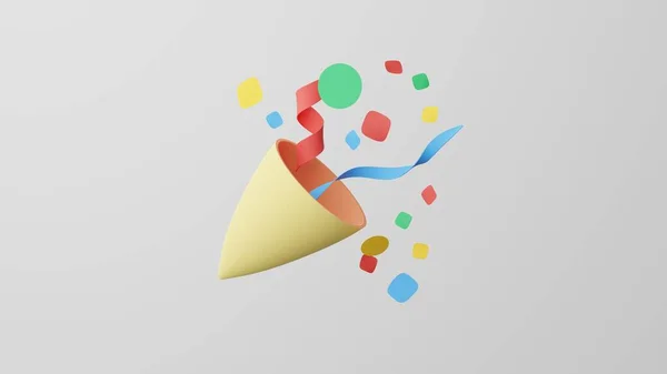 Minimalizm Partisi Popper, kutlama emojisi, konfeti sembolü. Beyaz arka planda. 3d hazırlayıcı