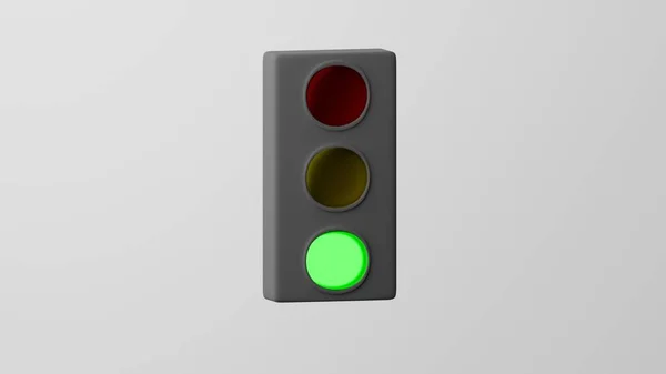 Minimalizm dikey trafik lambası yeşil yanıyor, trafik sembolü. Beyaz arka planda izole edilmiş. 3d oluşturma