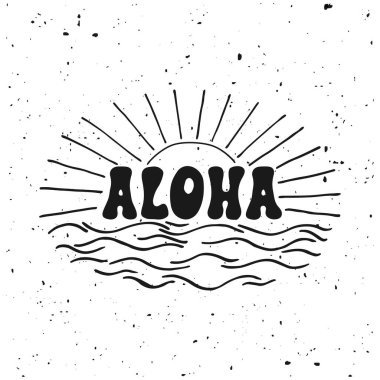Aloha sörf yazısı. Vektör kaligrafi illüstrasyon. Hawaii el yapımı tropikal egzotik t-shirt grafik. Yaz giyim baskı tasarımı. Retro çizilmiş deniz dalgası, güneş, sprey, vintage doku