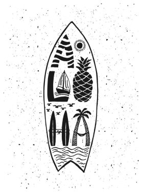 Aloha sörf yazısı. Vektör kaligrafi illüstrasyon. Hawaii el yapımı tropikal egzotik t-shirt grafik. Yaz giyim baskı tasarımı. Retro çizilmiş deniz dalgası, güneş, sprey, vintage doku